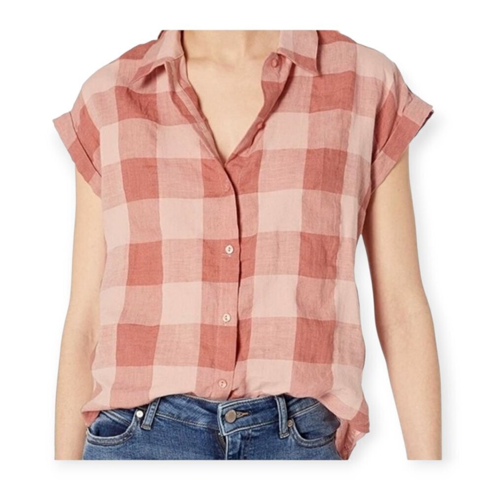 Lucky Brand Blush Pink Plaid Linen Cotton XL Button-Up Shirt Short Sleeve Top
